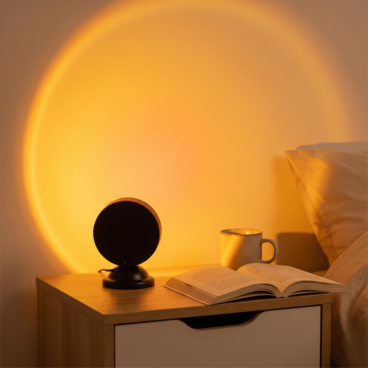 Sunset Lamp casting an orange glow across a bedroom wall