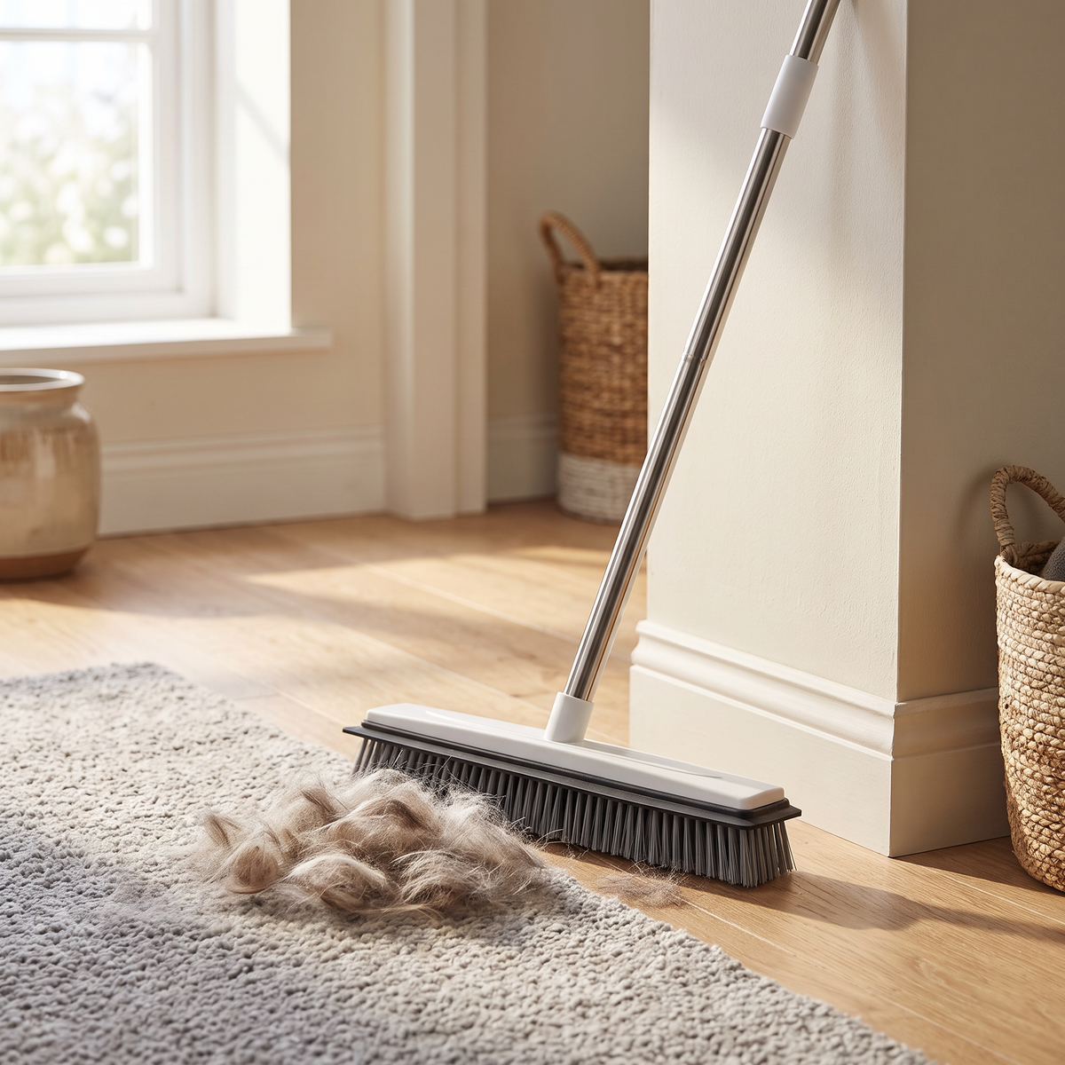 Fur Rake leaning against a wall beside a rug with collected pet hair