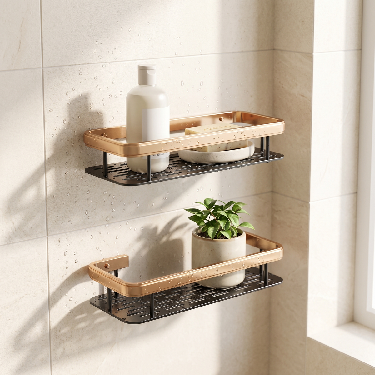 Two-tier shower shelf mounted on a pale tiled wall holding shampoo and soap