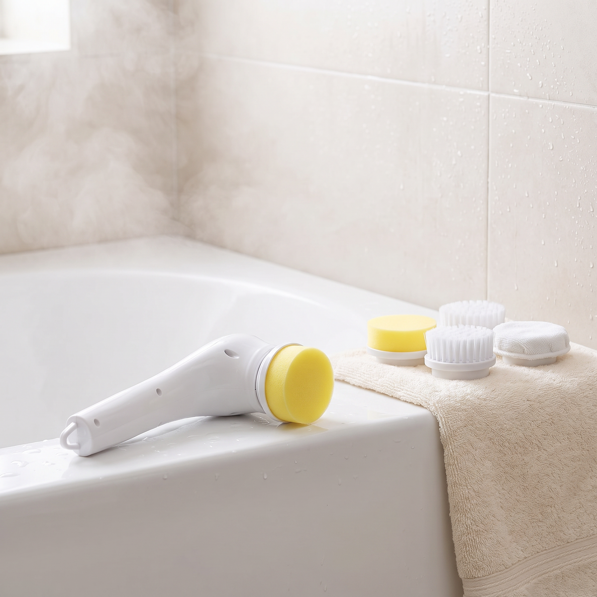 Spin Scrubber resting on the edge of a bathtub