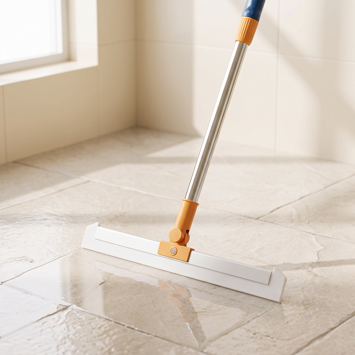 Floor Squeegee pushing water across bathroom tile