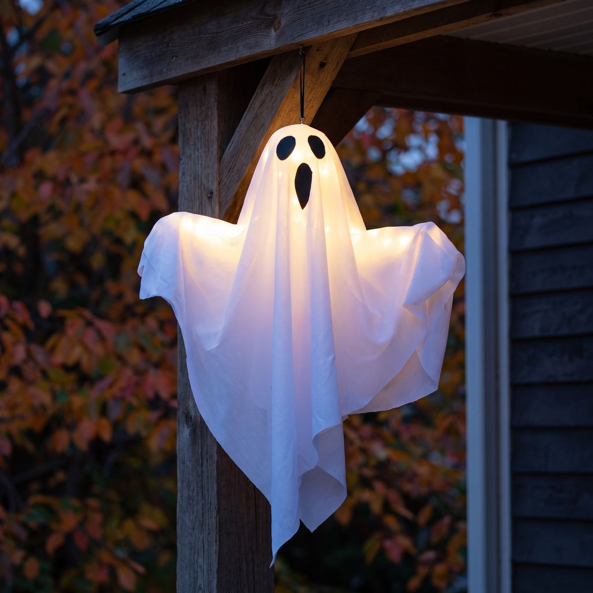 Glowing Ghost hanging from a porch beam at dusk