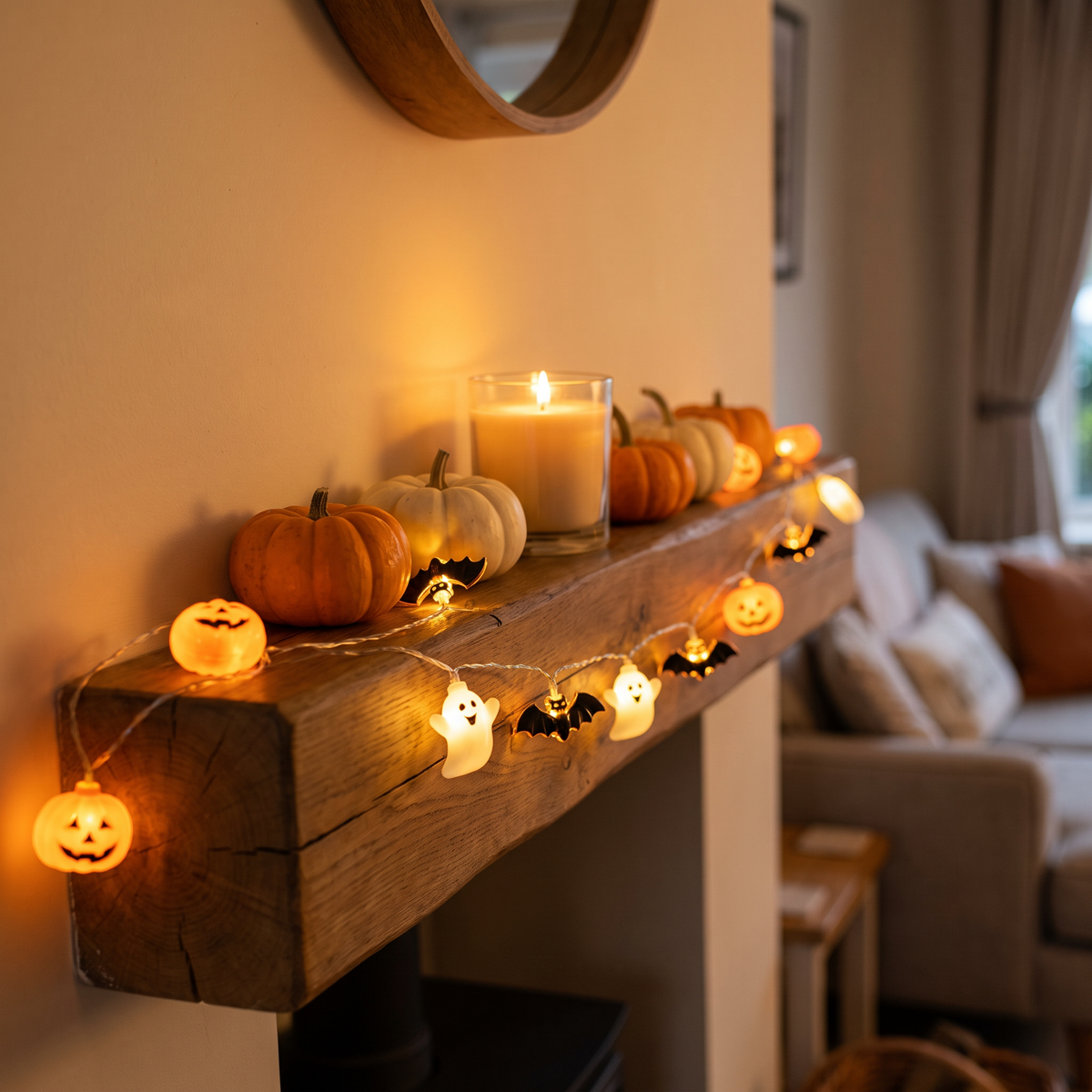 Halloween string lights draped along a wooden mantelpiece at dusk