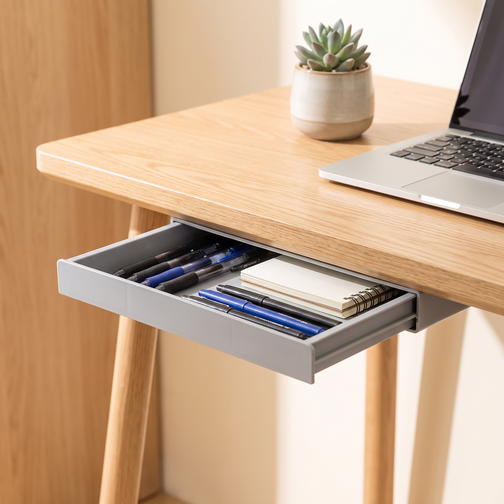 Hidden drawer mounted under an oak desk, pulled open with pens inside