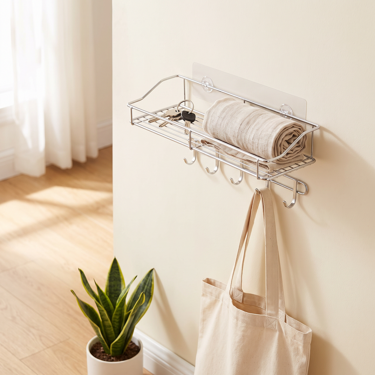 Wall rack mounted in an entryway holding keys and a tote bag