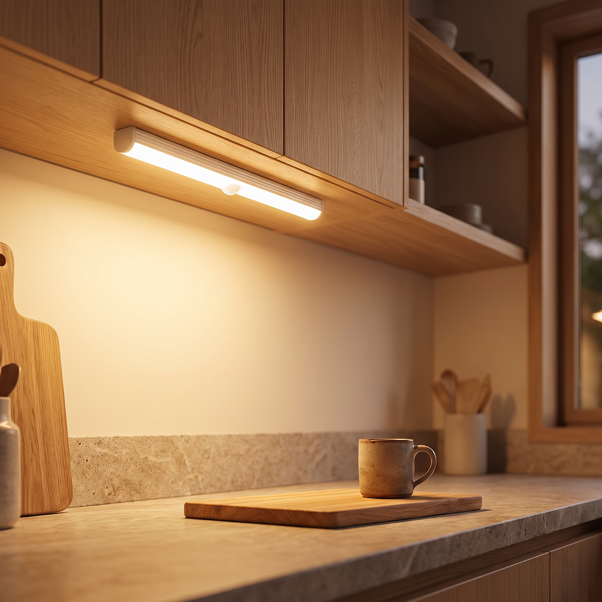 Motion sensor light under a kitchen cabinet glowing onto a stone counter