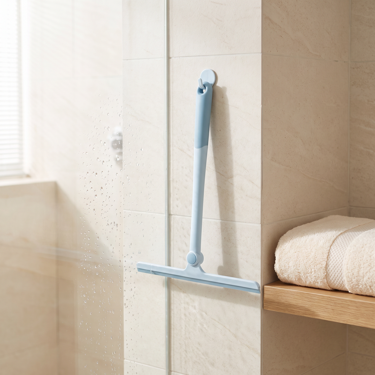 Shower squeegee hanging on a pale tiled shower wall