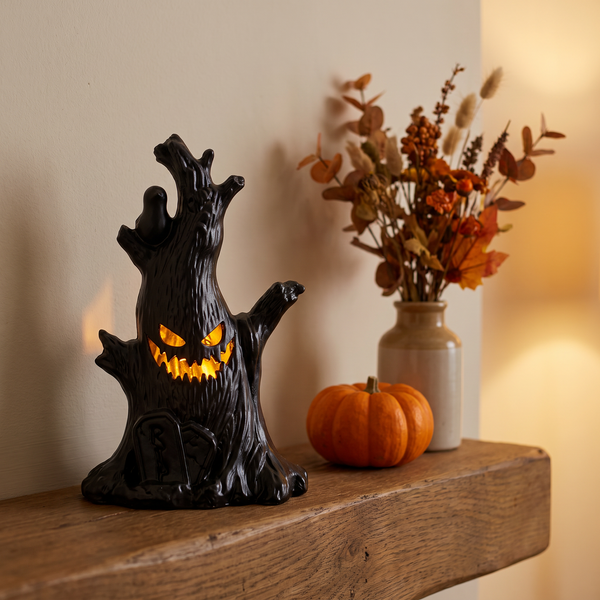 Glowing pumpkin lamp on a wooden mantelpiece at dusk
