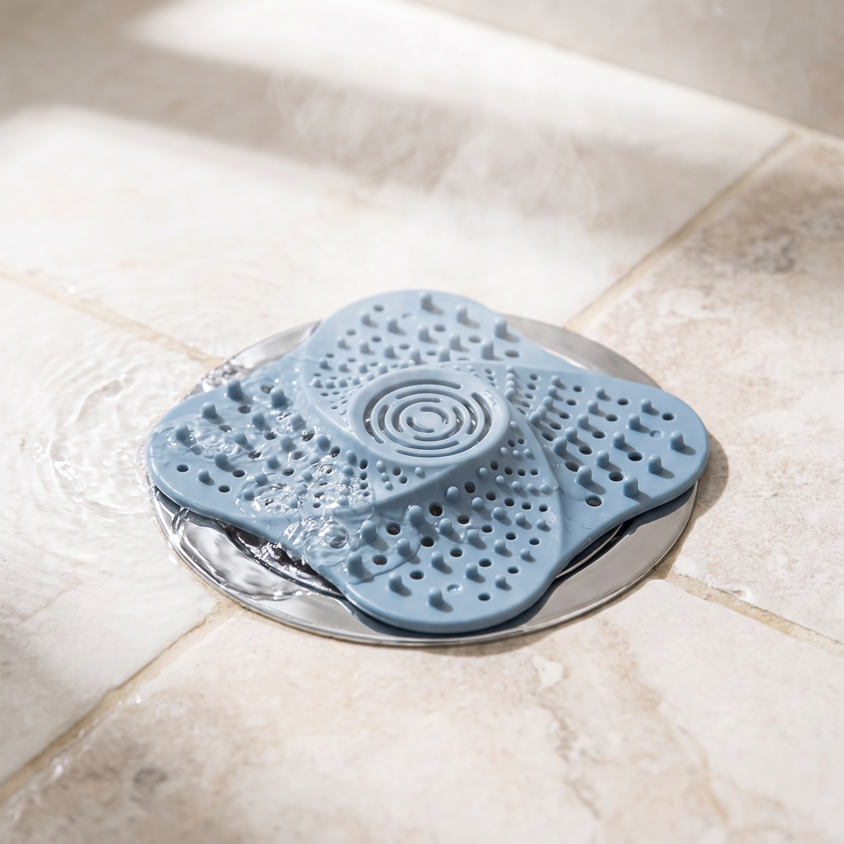 Silicone hair catcher over a chrome drain on a tiled shower floor