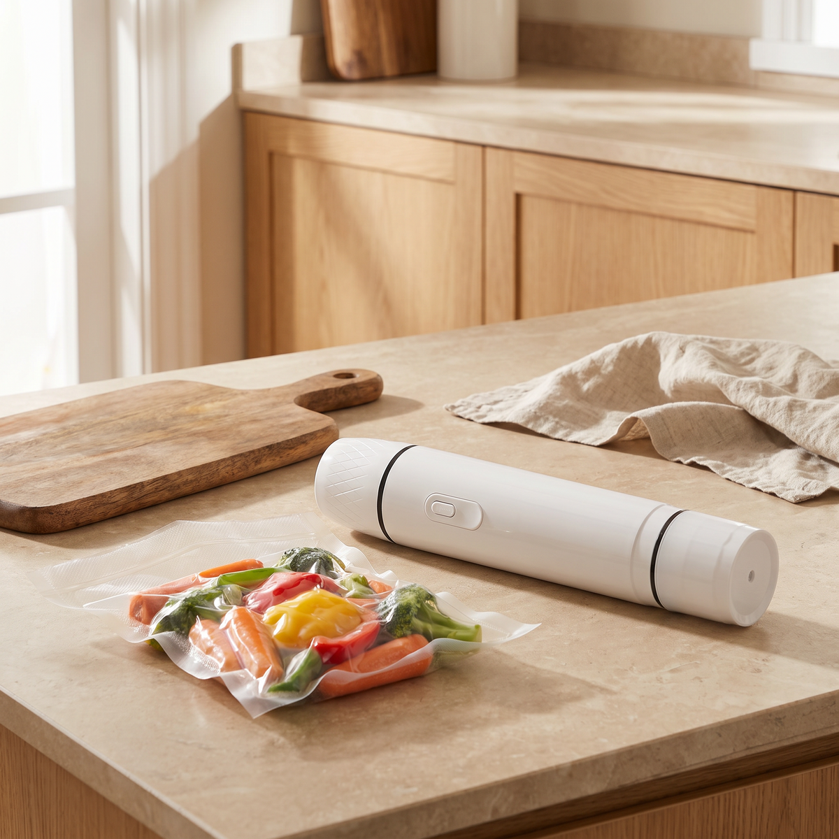 Vacuum sealer on a stone kitchen counter beside a sealed bag of vegetables