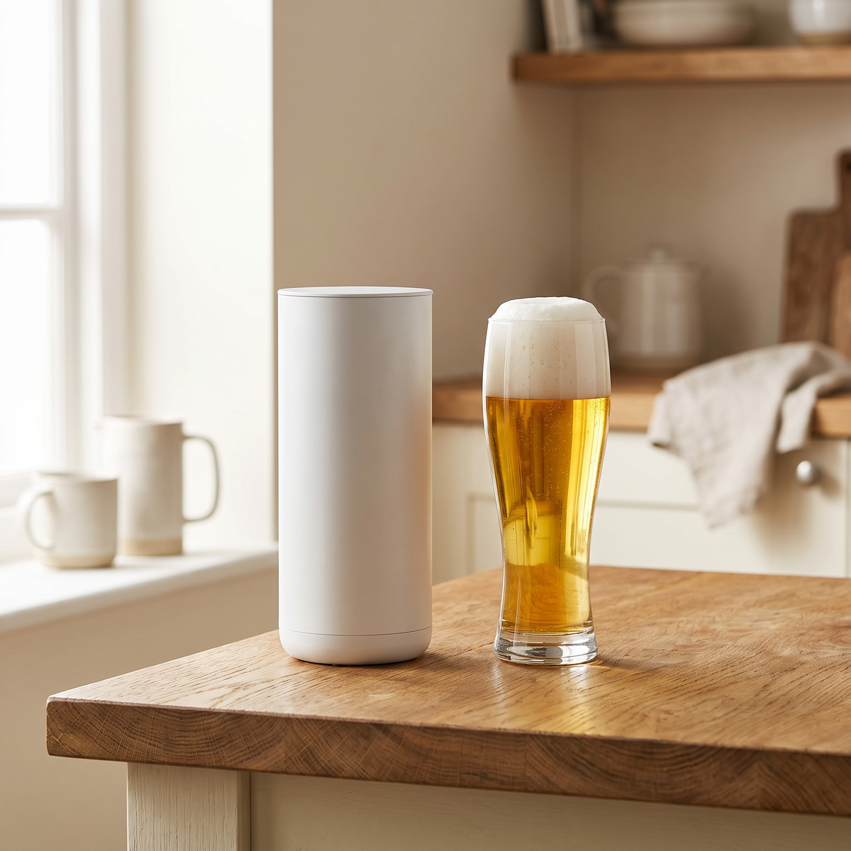 Luniee Beer Frother beside a glass of beer