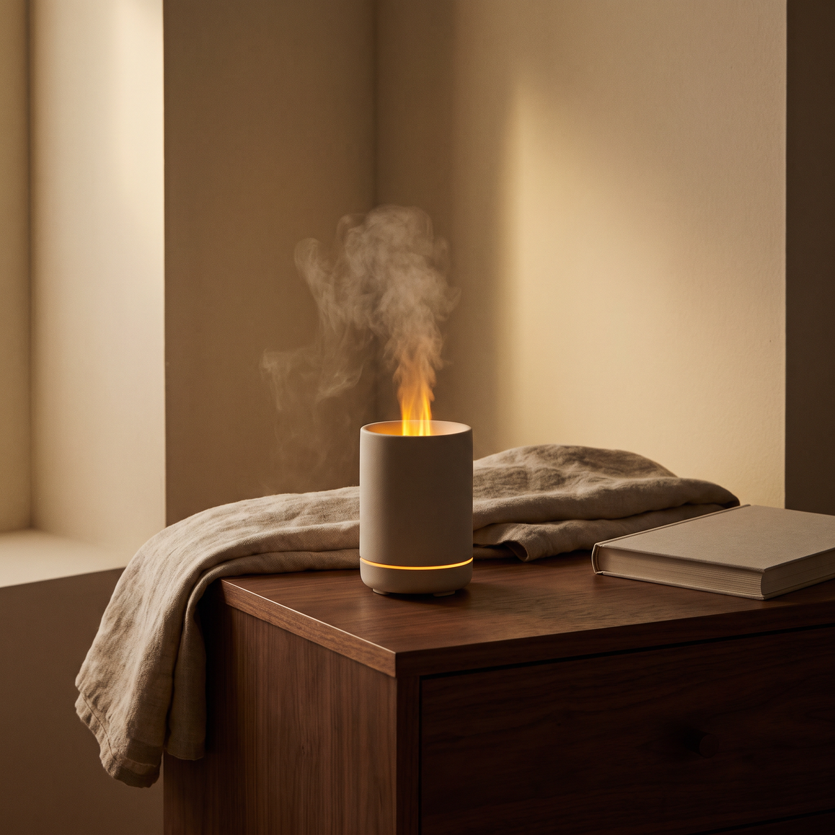 Luniee Flame Humidifier on a bedside table