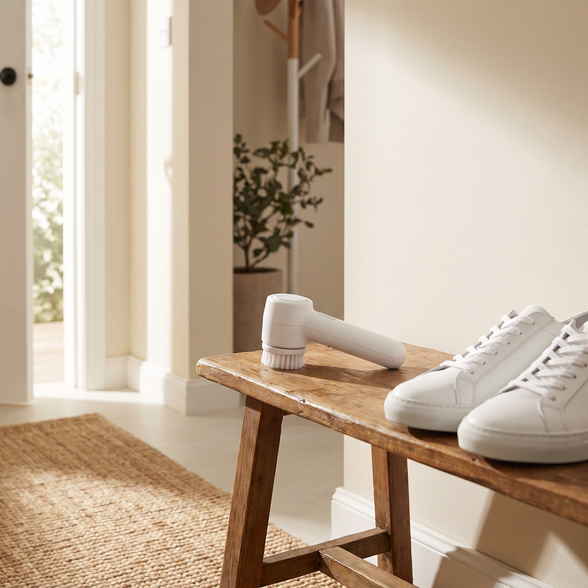 Luniee Shoe Cleaner on an entryway bench