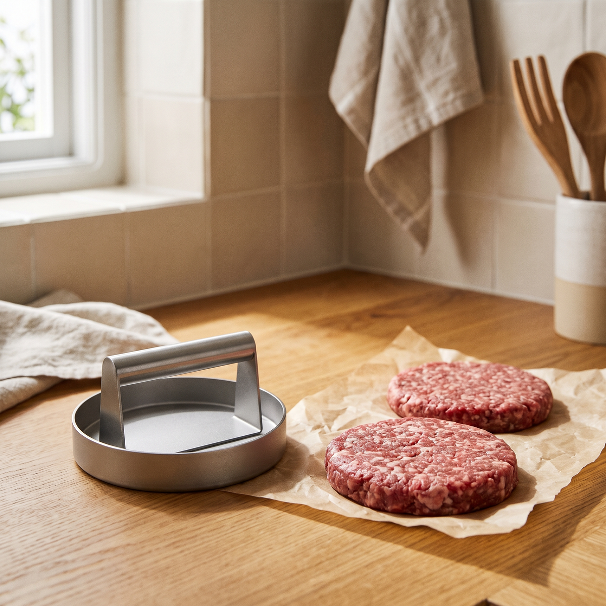 Luniee Burger Press on a kitchen counter