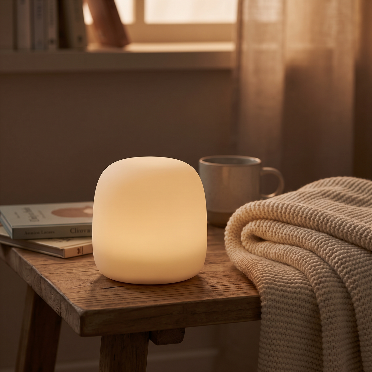 Luniee Pat Lamp on a bedside table