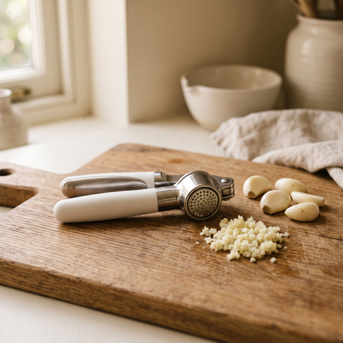 Luniee Garlic Press on a cutting board