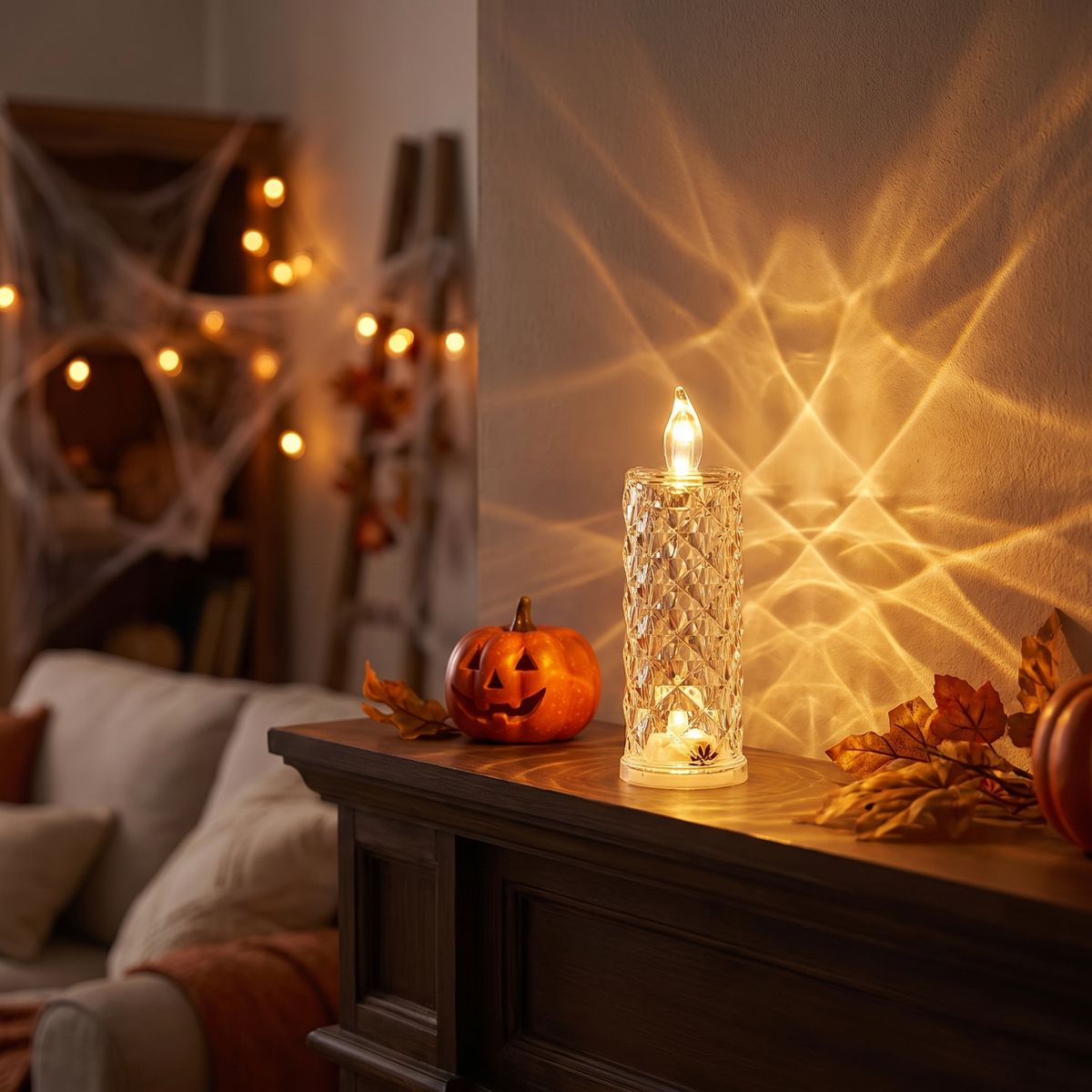Luniee Crystal Glow Candle in warm yellow on a mantel