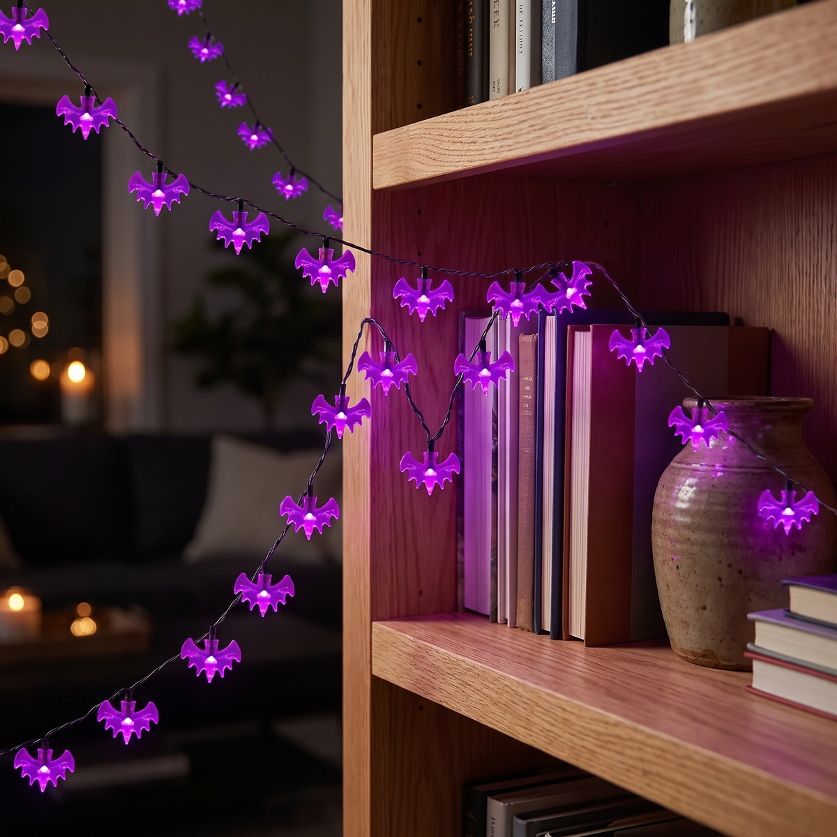 Luniee Purple Bat Lights draped along a bookshelf in a dark room