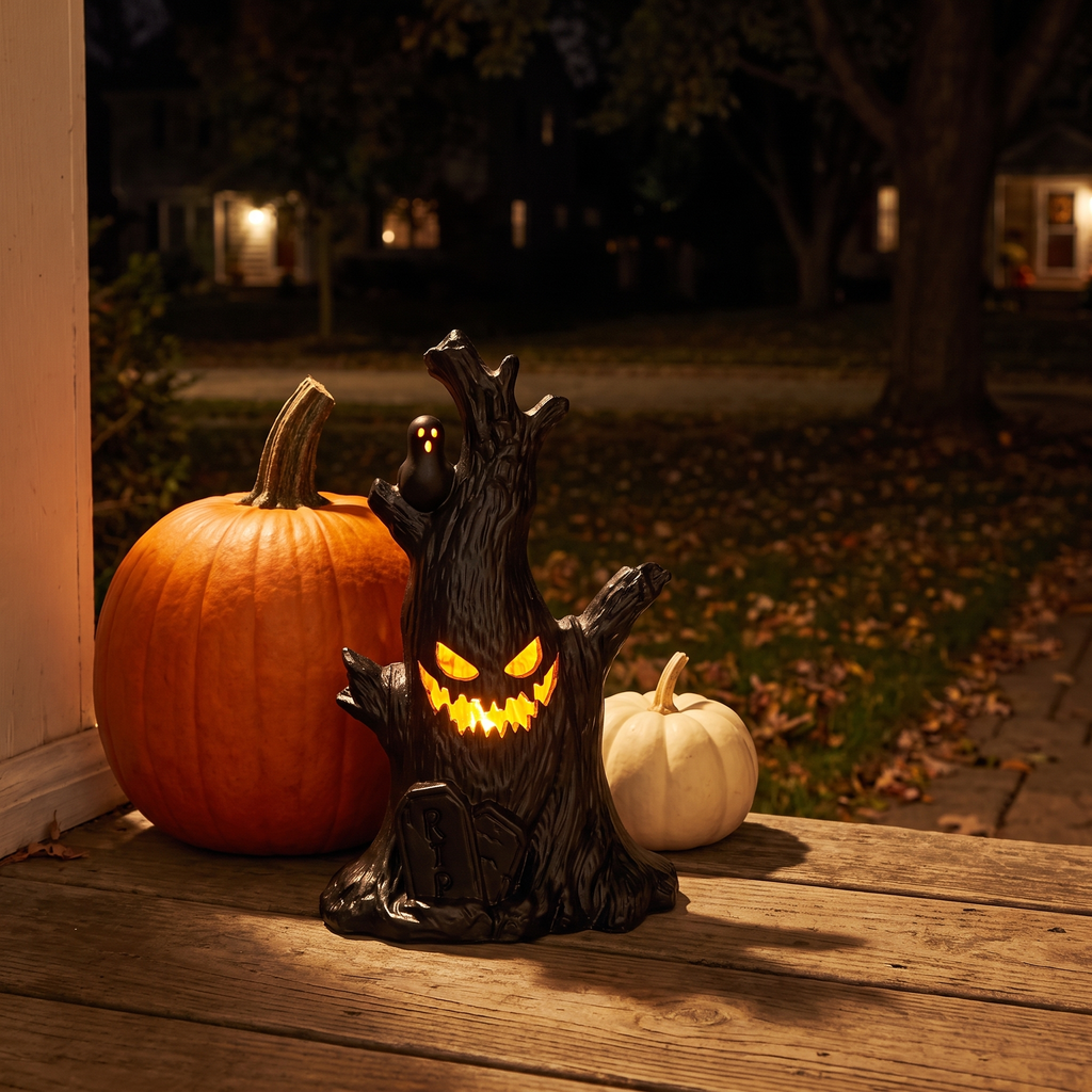 Luniee Pumpkin Lamp glowing on a porch step beside pumpkins at night