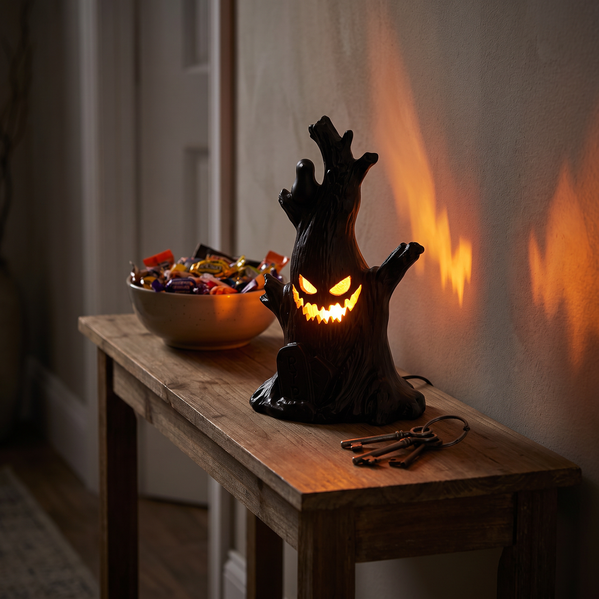 Luniee Pumpkin Lamp on an entryway console table at night